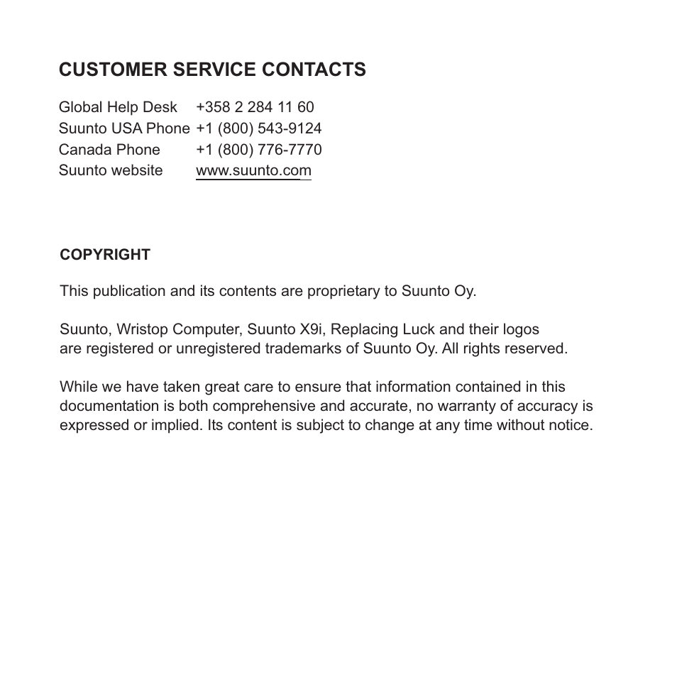 Customer service contacts | SUUNTO X9i User Manual | Page 96 / 97