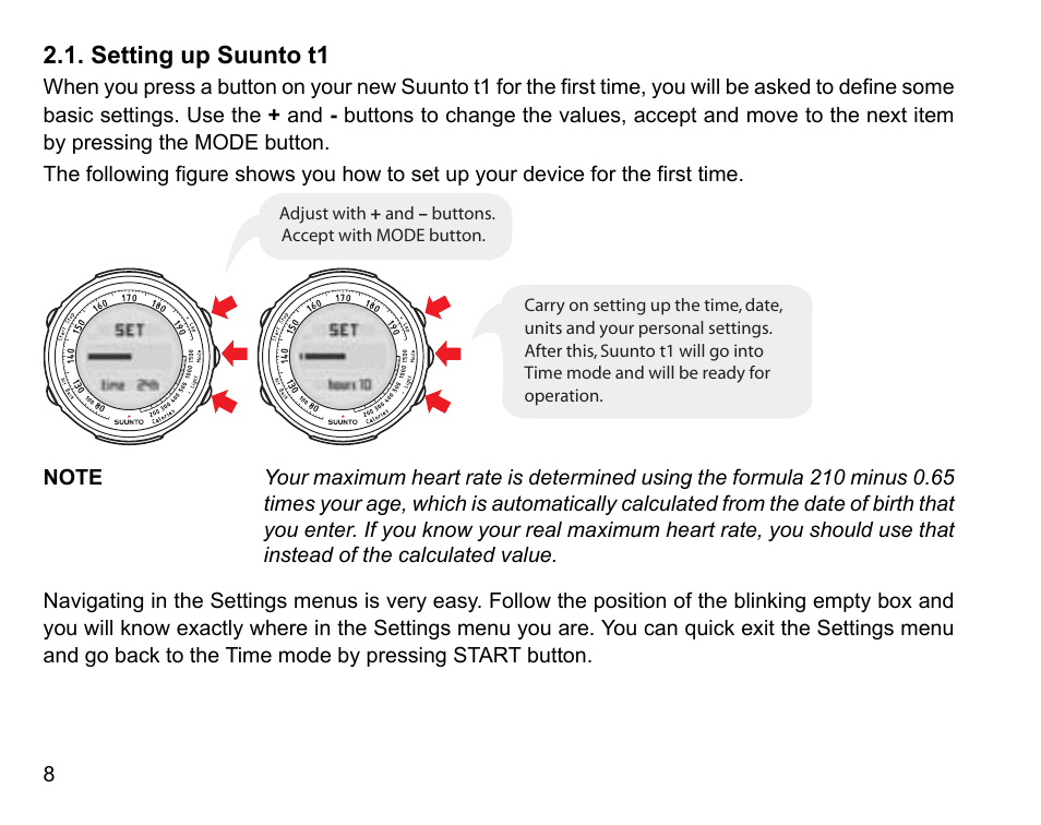 Setting up suunto t1 | SUUNTO Stopwatch User Manual | Page 10 / 38