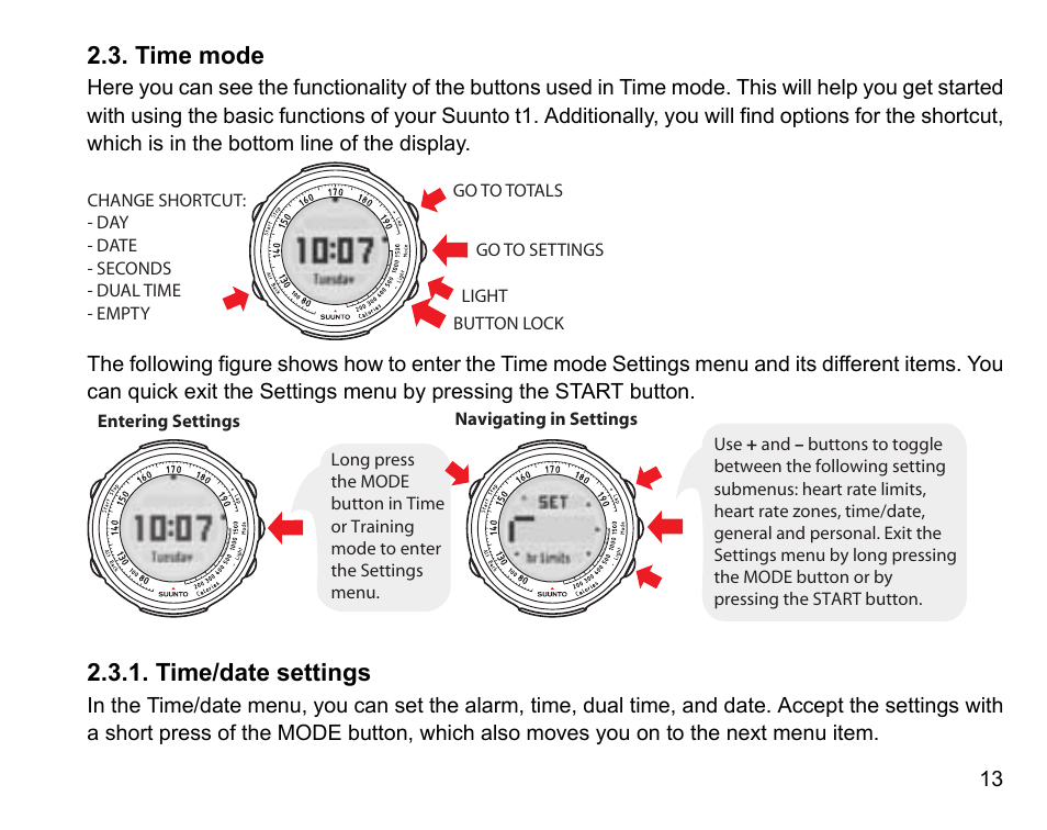 Time mode, Time/date settings | SUUNTO Stopwatch User Manual | Page 15 / 38