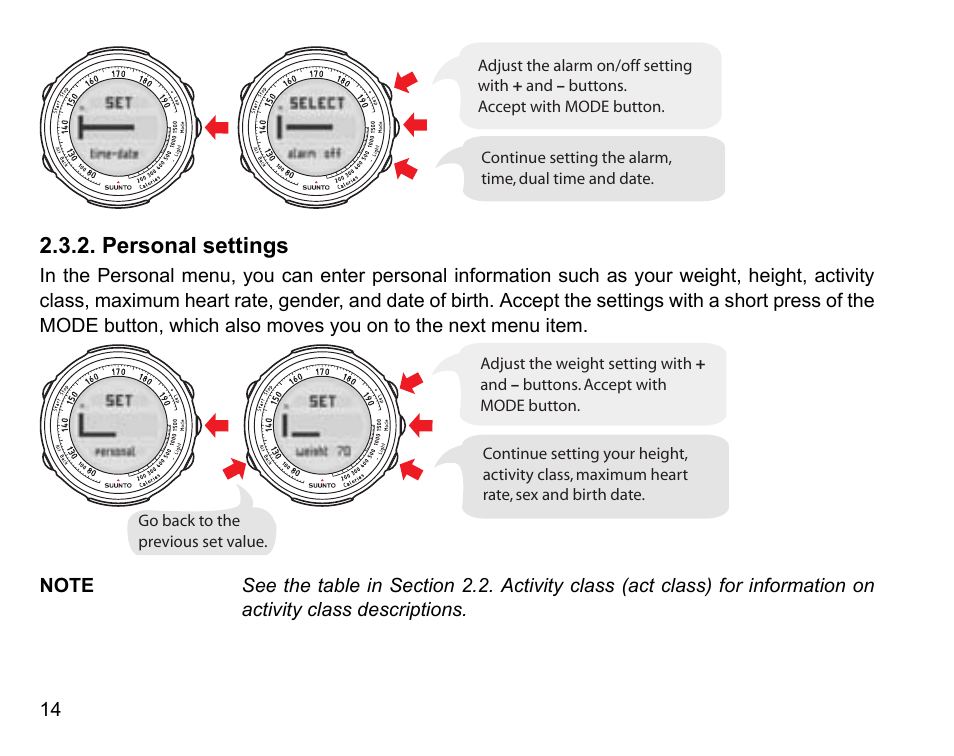 Personal settings | SUUNTO Stopwatch User Manual | Page 16 / 38