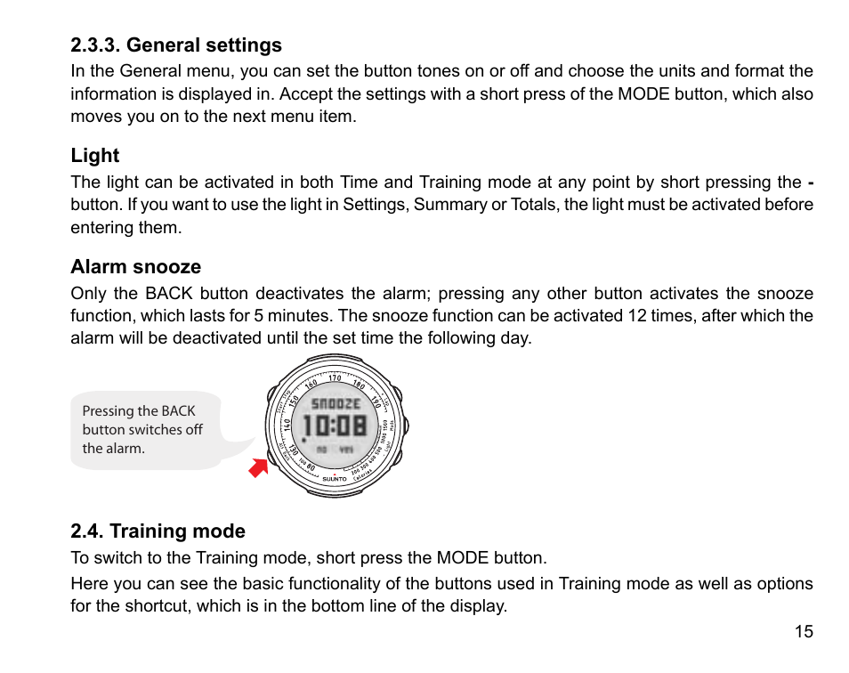 General settings, Light, Alarm snooze | Training mode | SUUNTO Stopwatch User Manual | Page 17 / 38