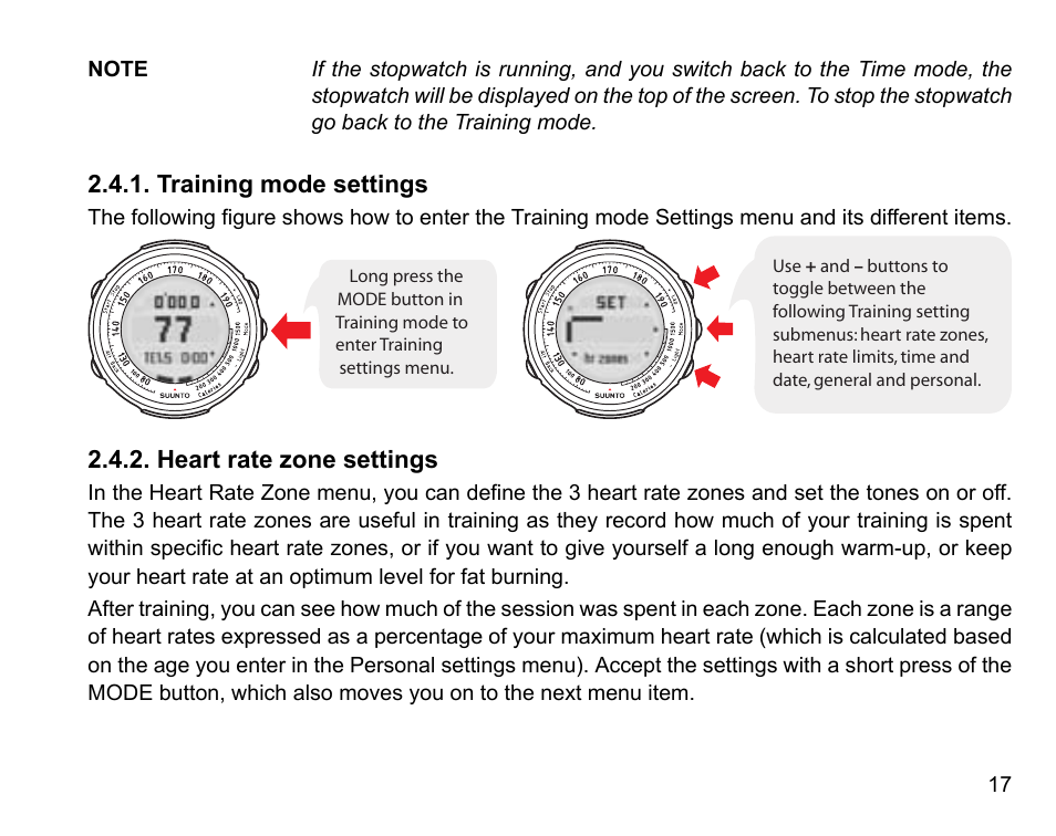 Training mode settings, Heart rate zone settings, 17 2.4.2. heart rate zone settings | SUUNTO Stopwatch User Manual | Page 19 / 38