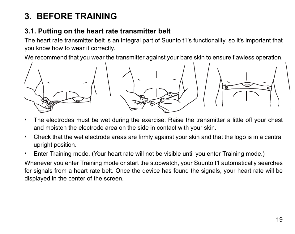 Before training, Putting on the heart rate transmitter belt | SUUNTO Stopwatch User Manual | Page 21 / 38