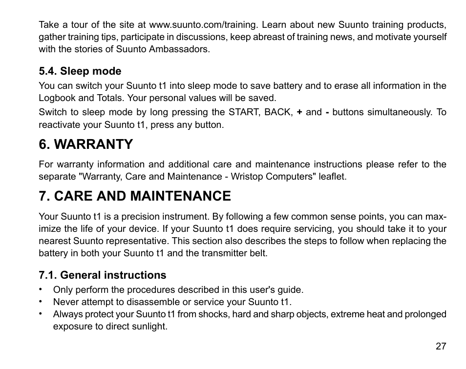 Sleep mode, Warranty, Care and maintenance | General instructions, 27 7. care and maintenance | SUUNTO Stopwatch User Manual | Page 29 / 38