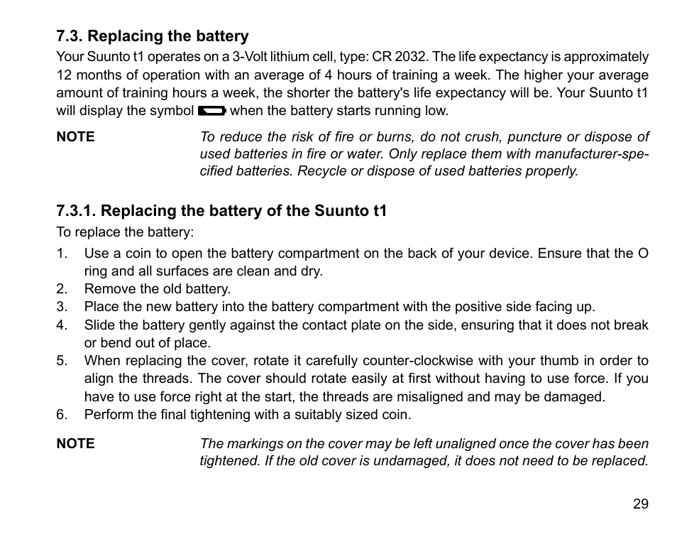 Replacing the battery, Replacing the battery of the suunto t1 | SUUNTO Stopwatch User Manual | Page 31 / 38