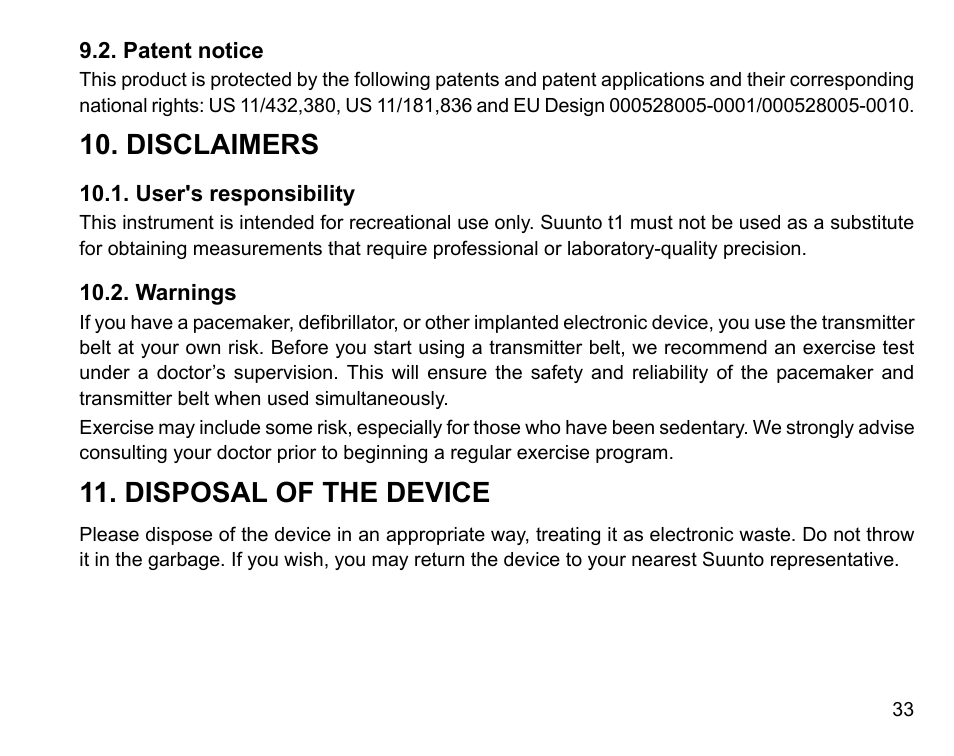 Patent notice, Disclaimers, User's responsibility | Warnings, Disposal of the device, 33 10.2. warnings | SUUNTO Stopwatch User Manual | Page 35 / 38