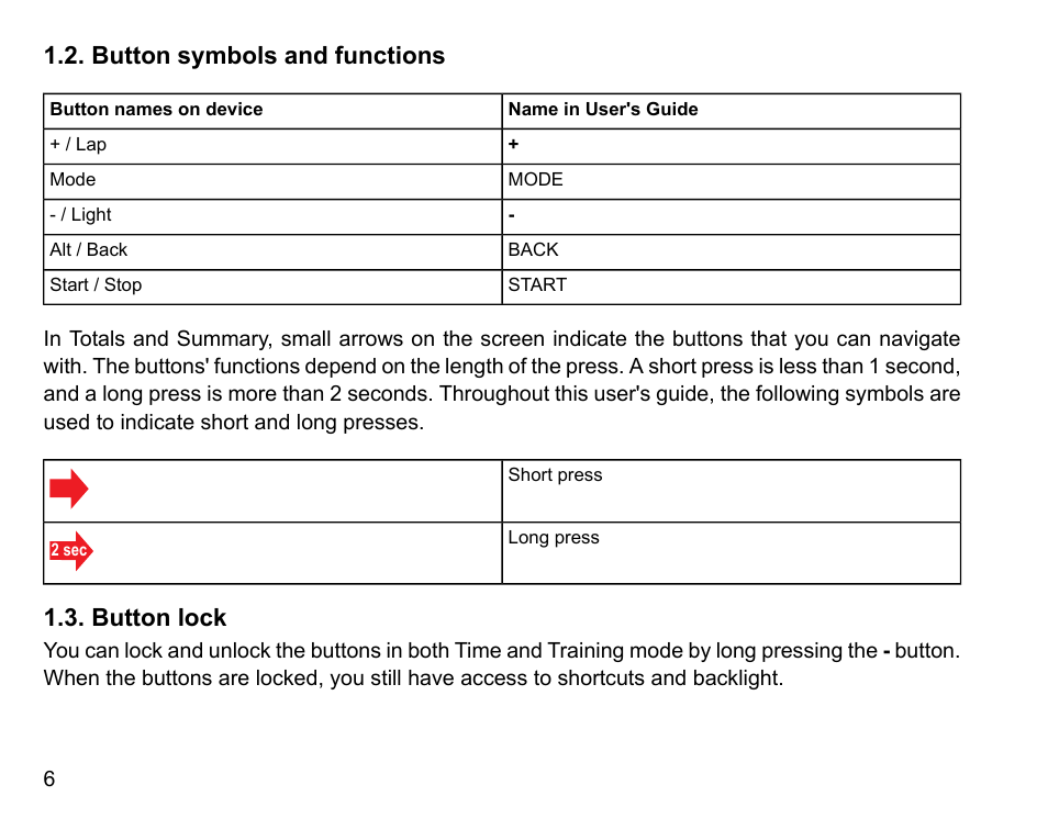 Button symbols and functions, Button lock, 6 1.3. button lock | SUUNTO Stopwatch User Manual | Page 8 / 38