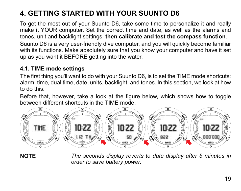 Getting started with your suunto d6, Time mode settings | SUUNTO D6 User Manual | Page 19 / 110