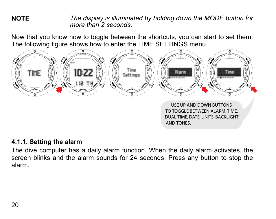 Setting the alarm | SUUNTO D6 User Manual | Page 20 / 110