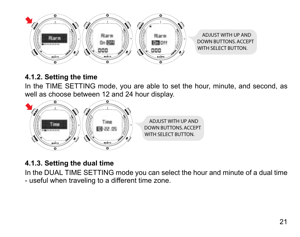 Setting the time, Setting the dual time, 21 4.1.3. setting the dual time | SUUNTO D6 User Manual | Page 21 / 110