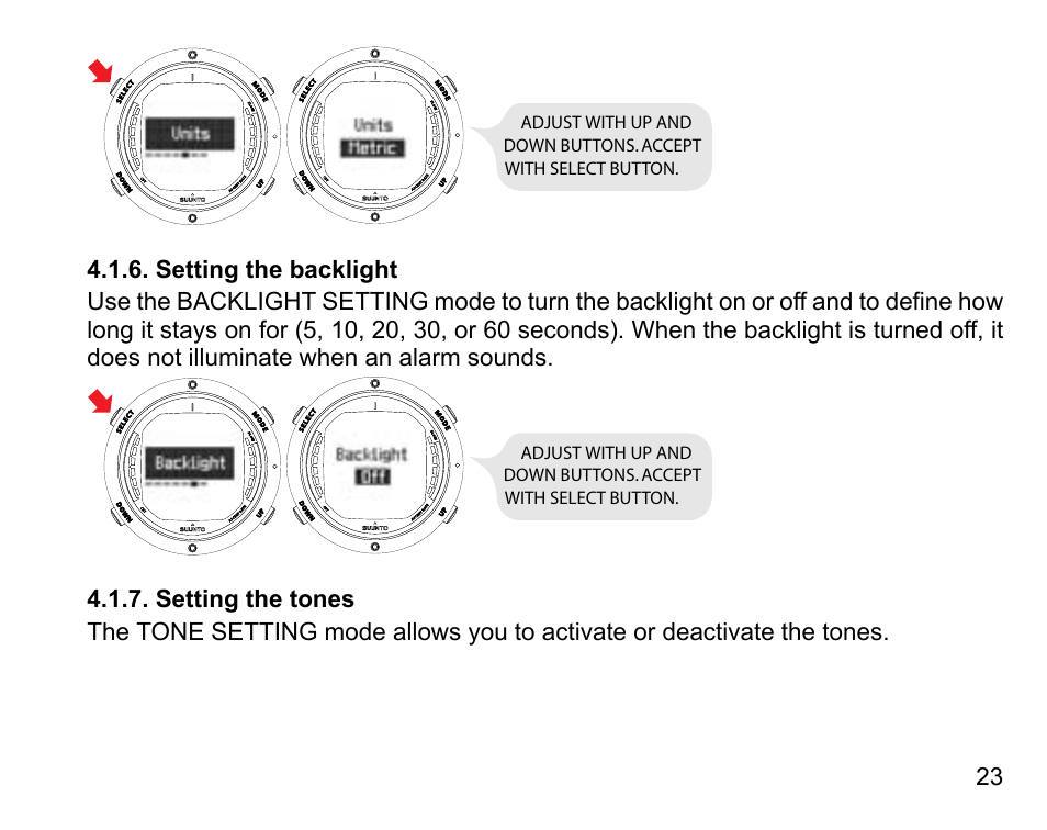 Setting the backlight, Setting the tones, 23 4.1.7. setting the tones | SUUNTO D6 User Manual | Page 23 / 110