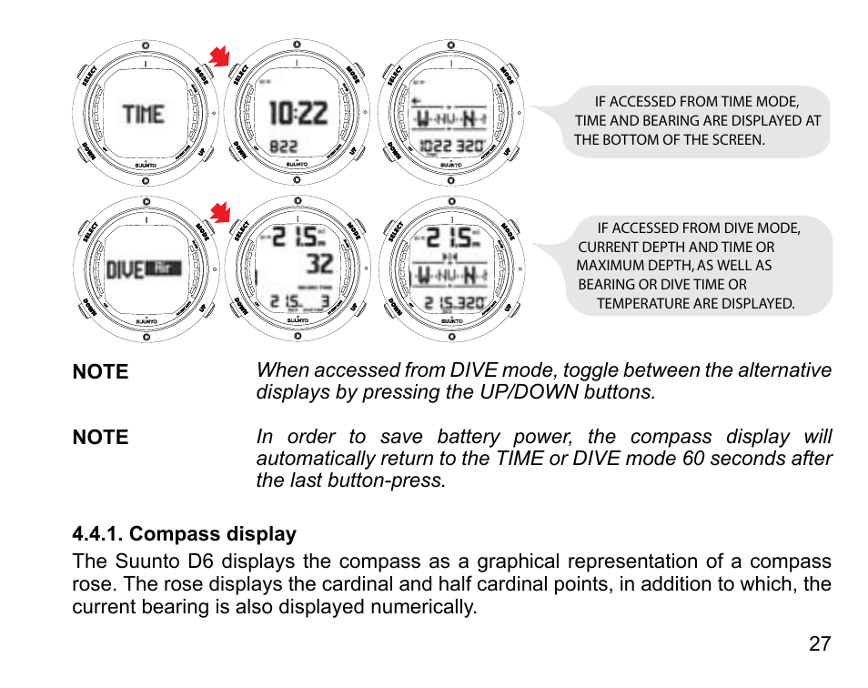 Compass display | SUUNTO D6 User Manual | Page 27 / 110