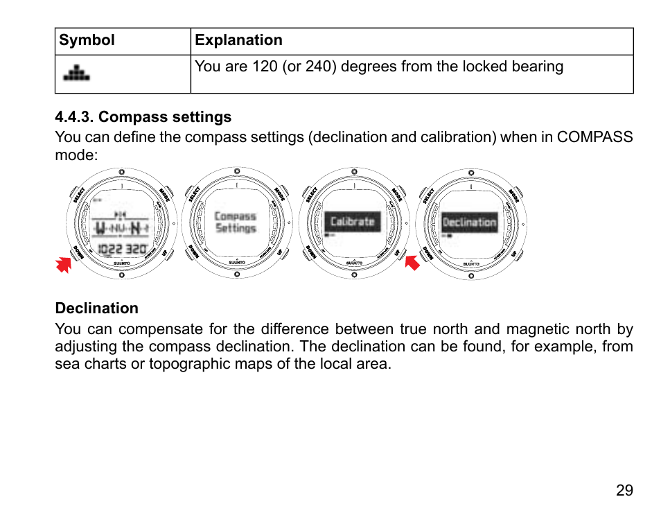 Compass settings, Declination | SUUNTO D6 User Manual | Page 29 / 110