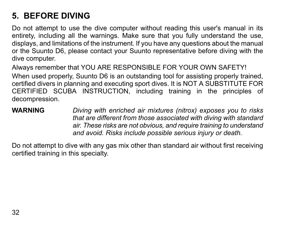 Before diving | SUUNTO D6 User Manual | Page 32 / 110