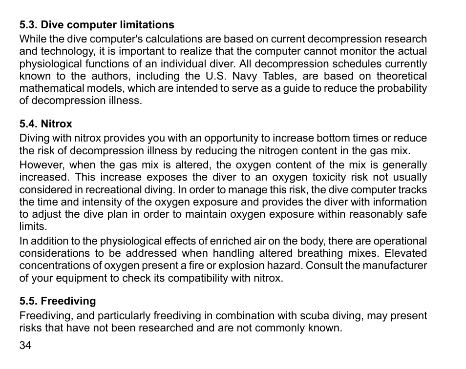 Dive computer limitations, Nitrox, Freediving | 34 5.5. freediving | SUUNTO D6 User Manual | Page 34 / 110