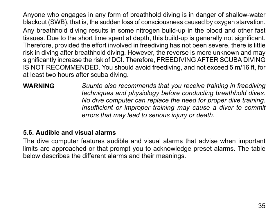 Audible and visual alarms | SUUNTO D6 User Manual | Page 35 / 110