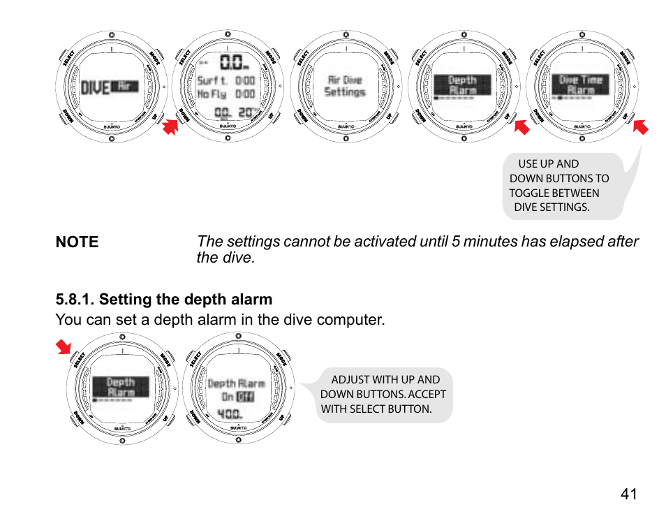 Setting the depth alarm | SUUNTO D6 User Manual | Page 41 / 110