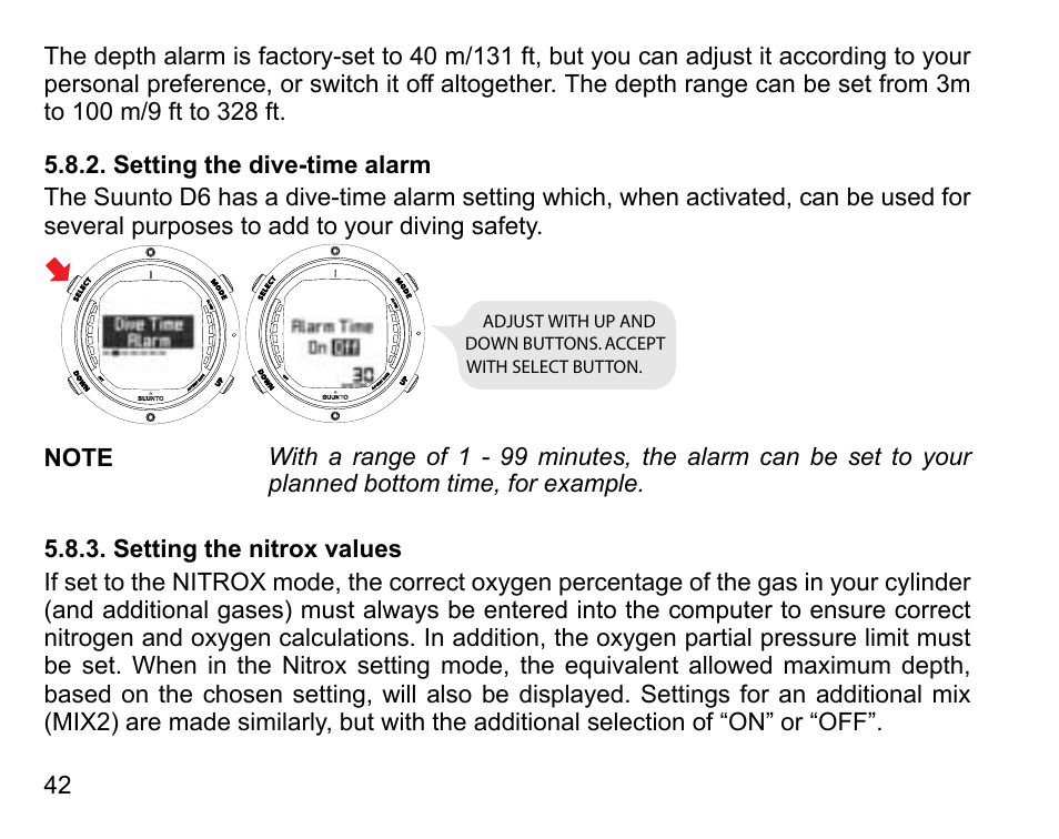 Setting the dive-time alarm, Setting the nitrox values, 42 5.8.3. setting the nitrox values | SUUNTO D6 User Manual | Page 42 / 110