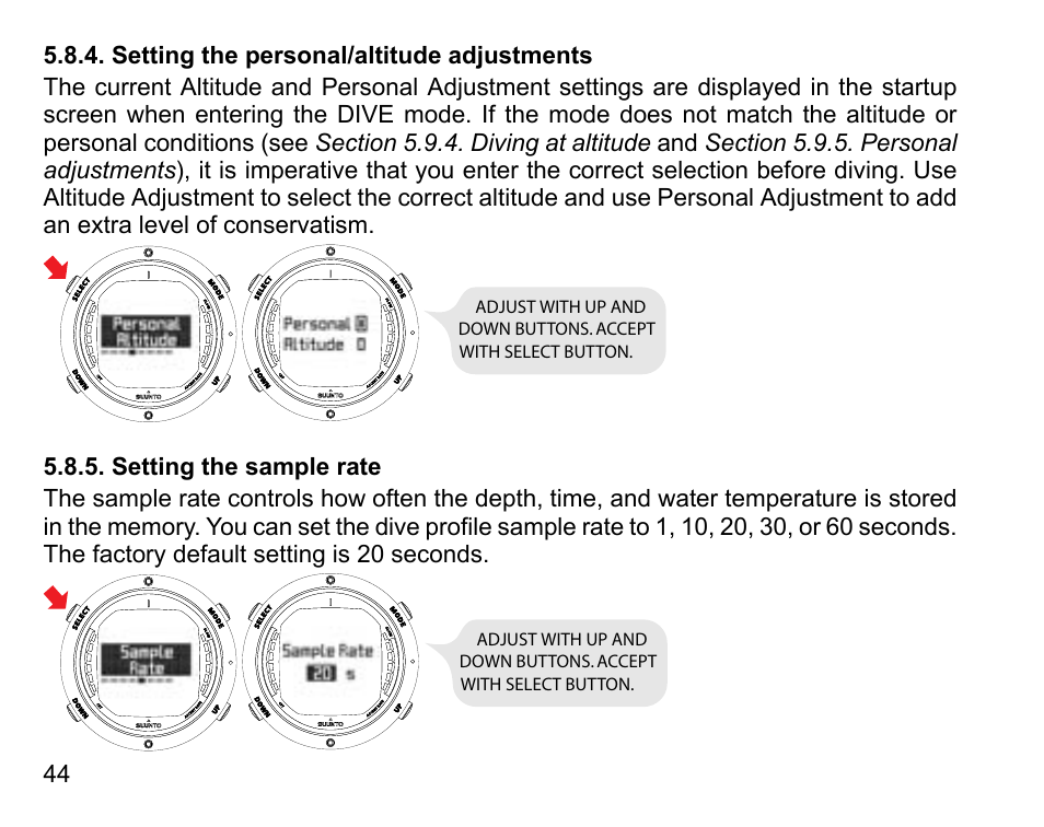 Setting the personal/altitude adjustments, Setting the sample rate, 44 5.8.5. setting the sample rate | SUUNTO D6 User Manual | Page 44 / 110