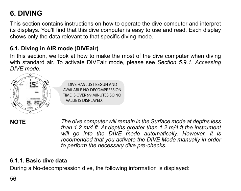 Diving, Diving in air mode (diveair), Basic dive data | SUUNTO D6 User Manual | Page 56 / 110