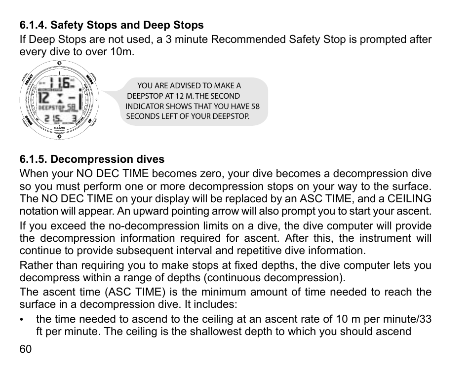 Safety stops and deep stops, Decompression dives, 60 6.1.5. decompression dives | SUUNTO D6 User Manual | Page 60 / 110