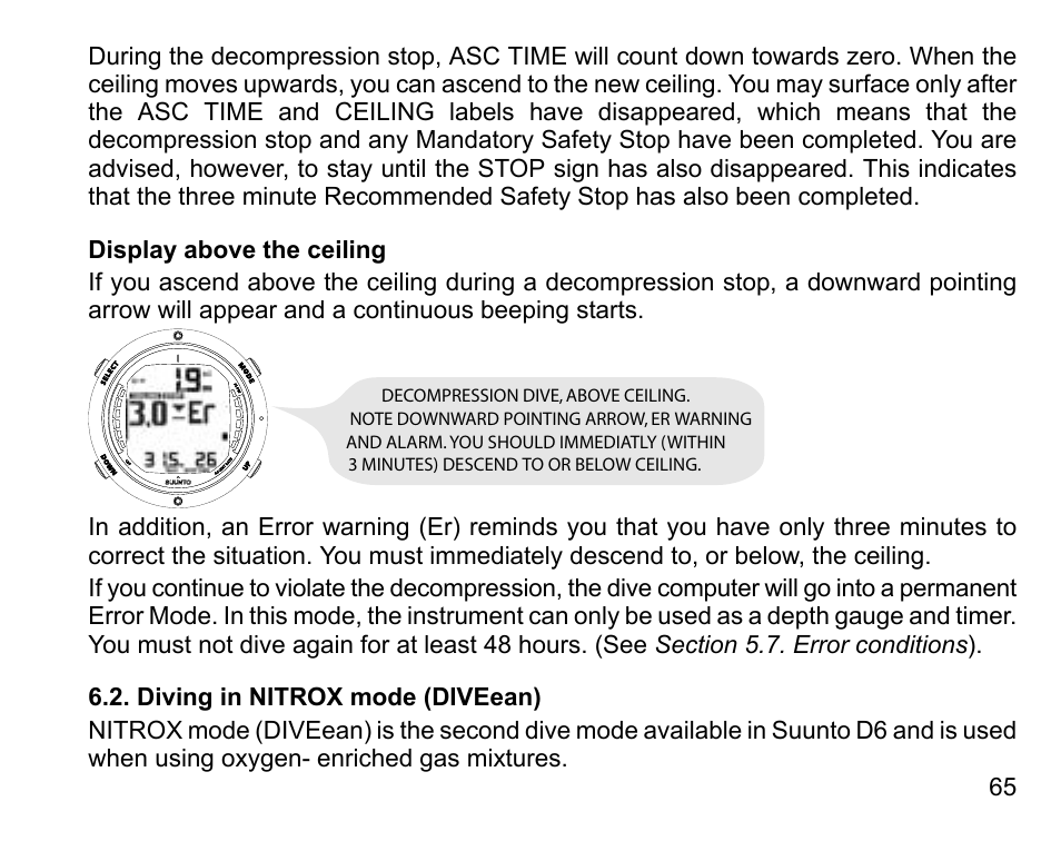 Display above the ceiling, Diving in nitrox mode (diveean) | SUUNTO D6 User Manual | Page 65 / 110
