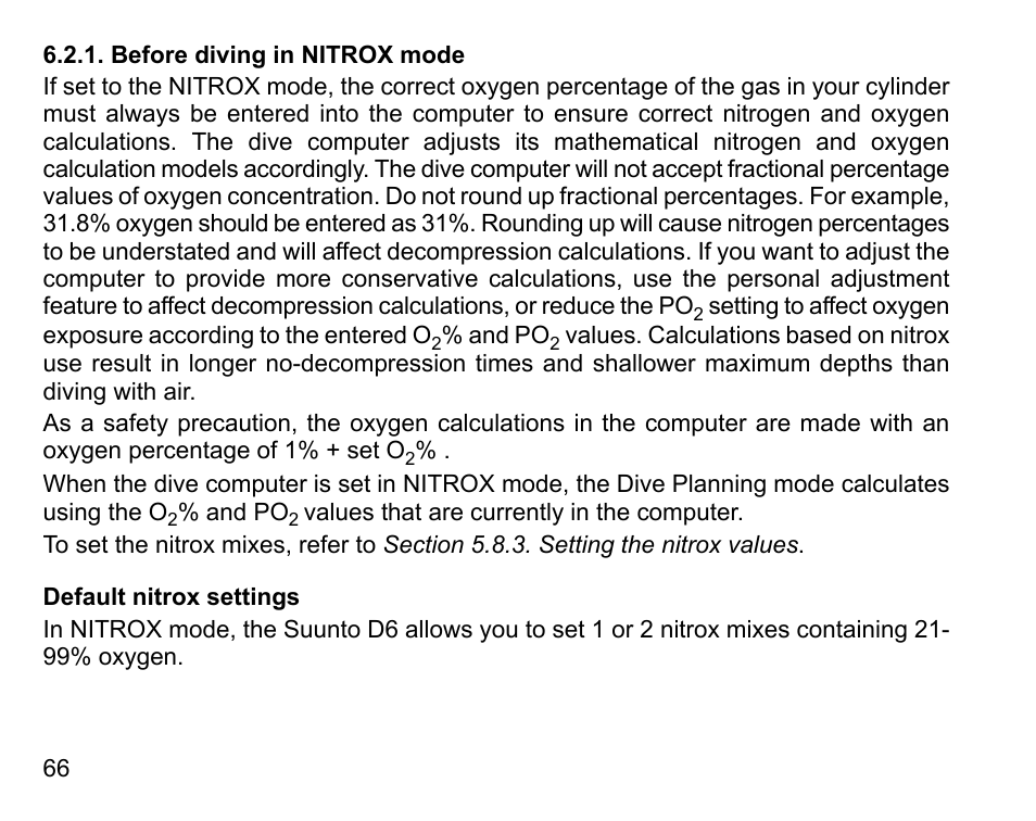 Before diving in nitrox mode, Default nitrox settings | SUUNTO D6 User Manual | Page 66 / 110