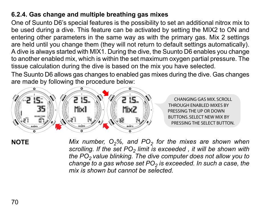 Gas change and multiple breathing gas mixes | SUUNTO D6 User Manual | Page 70 / 110