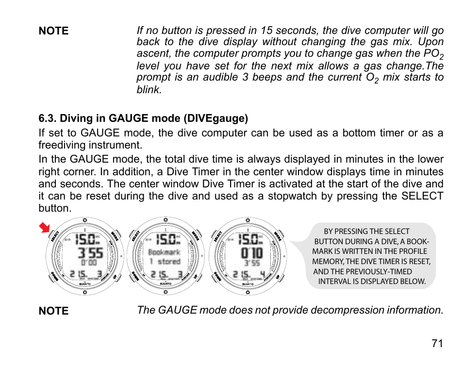 Diving in gauge mode (divegauge) | SUUNTO D6 User Manual | Page 71 / 110