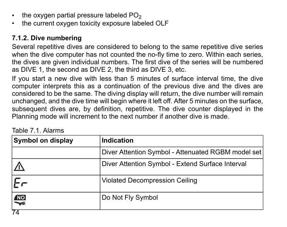 Dive numbering | SUUNTO D6 User Manual | Page 74 / 110