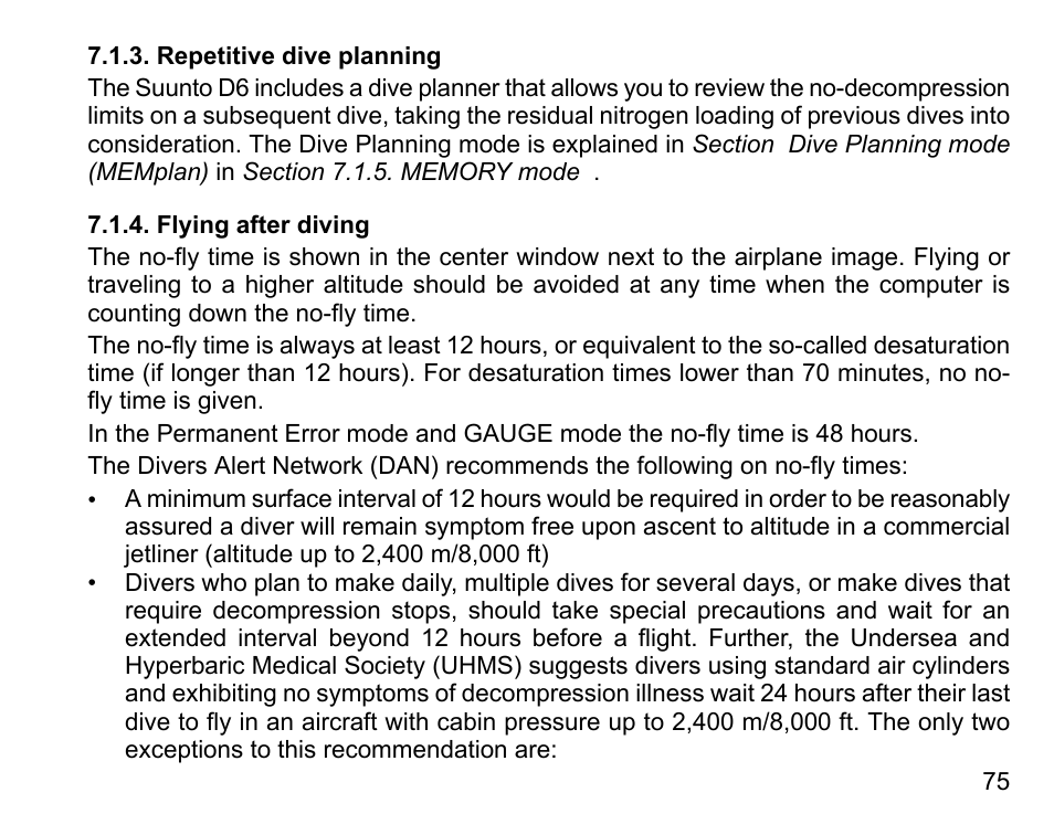 Repetitive dive planning, Flying after diving, 75 7.1.4. flying after diving | SUUNTO D6 User Manual | Page 75 / 110