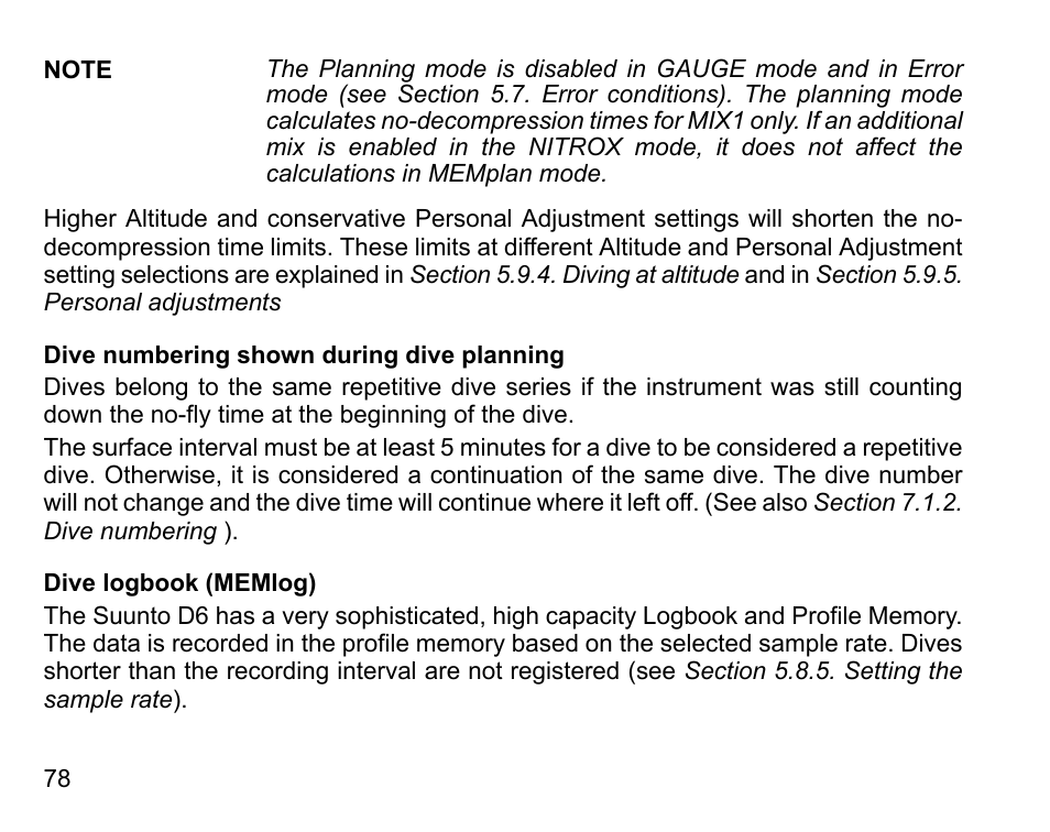 Dive numbering shown during dive planning, Dive logbook (memlog) | SUUNTO D6 User Manual | Page 78 / 110