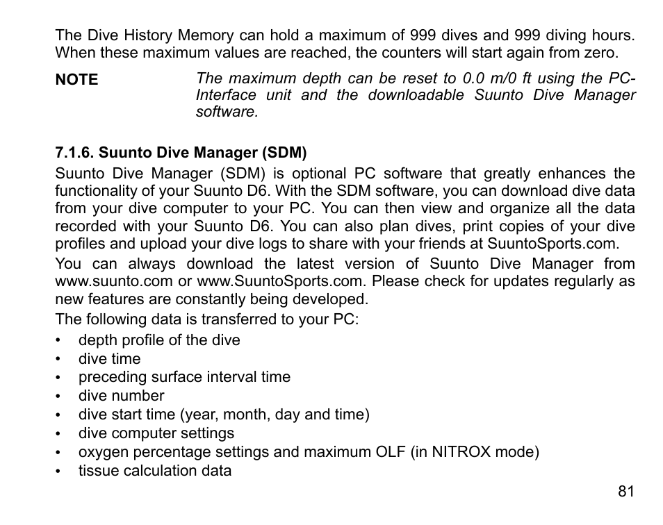 Suunto dive manager (sdm) | SUUNTO D6 User Manual | Page 81 / 110