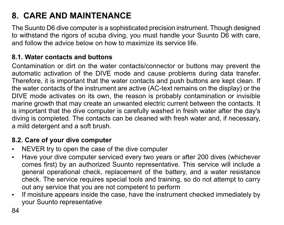 Care and maintenance, Water contacts and buttons, Care of your dive computer | 84 8.2. care of your dive computer | SUUNTO D6 User Manual | Page 84 / 110