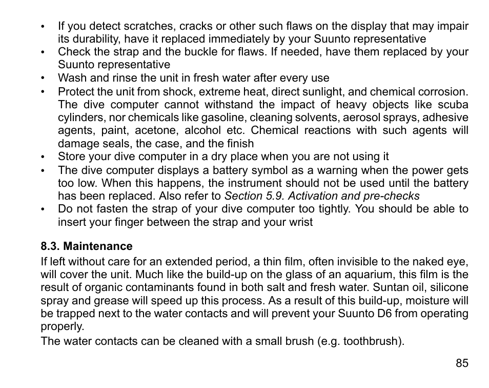 Maintenance | SUUNTO D6 User Manual | Page 85 / 110