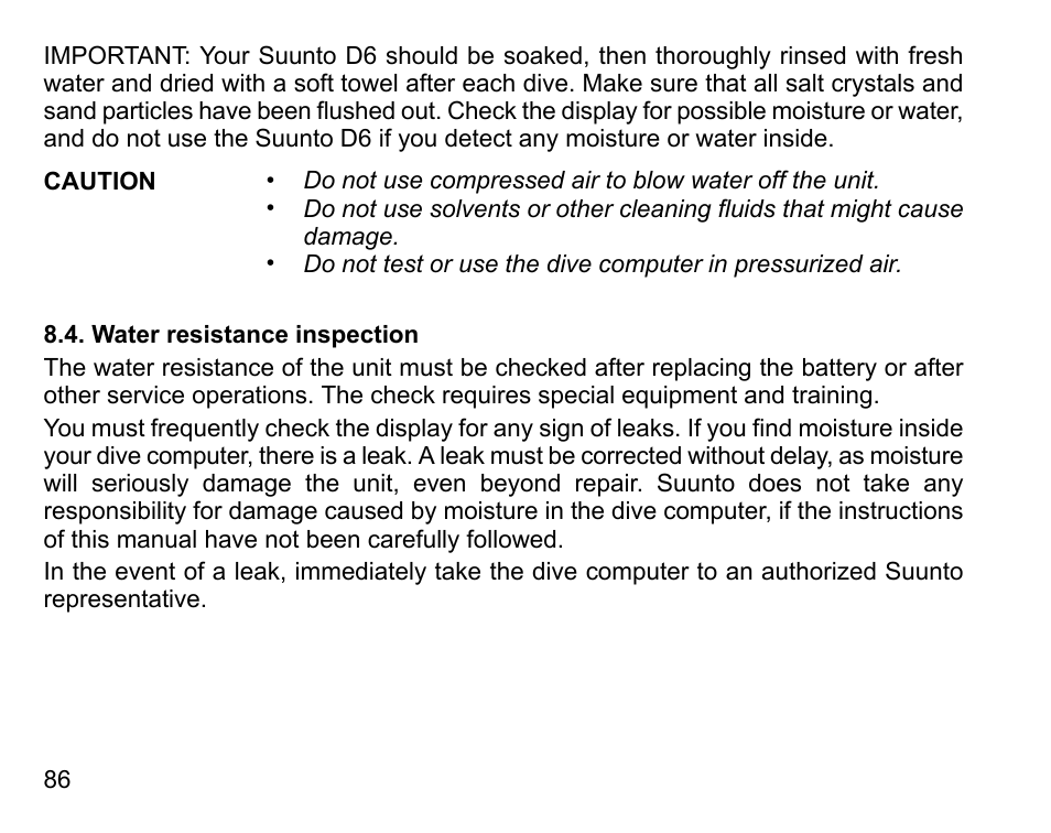 Water resistance inspection | SUUNTO D6 User Manual | Page 86 / 110