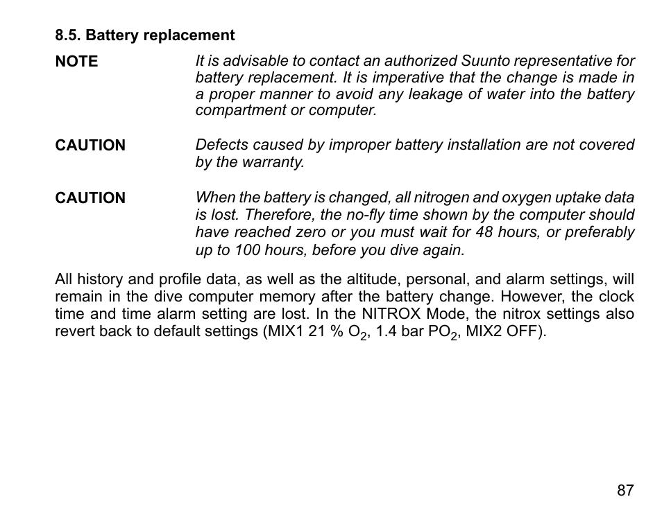 Battery replacement | SUUNTO D6 User Manual | Page 87 / 110