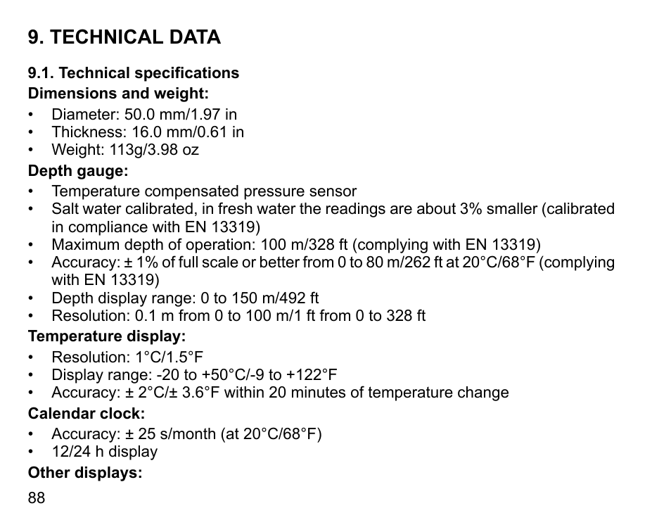 Technical data, Technical specifications | SUUNTO D6 User Manual | Page 88 / 110