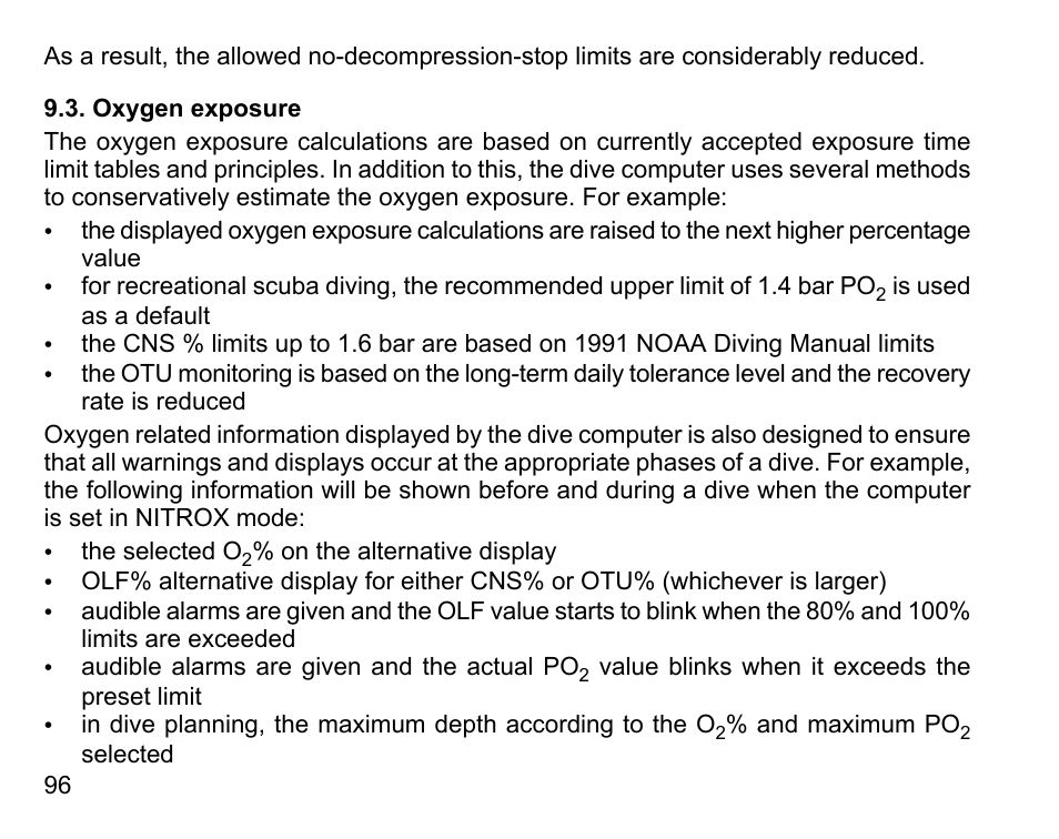 Oxygen exposure | SUUNTO D6 User Manual | Page 96 / 110