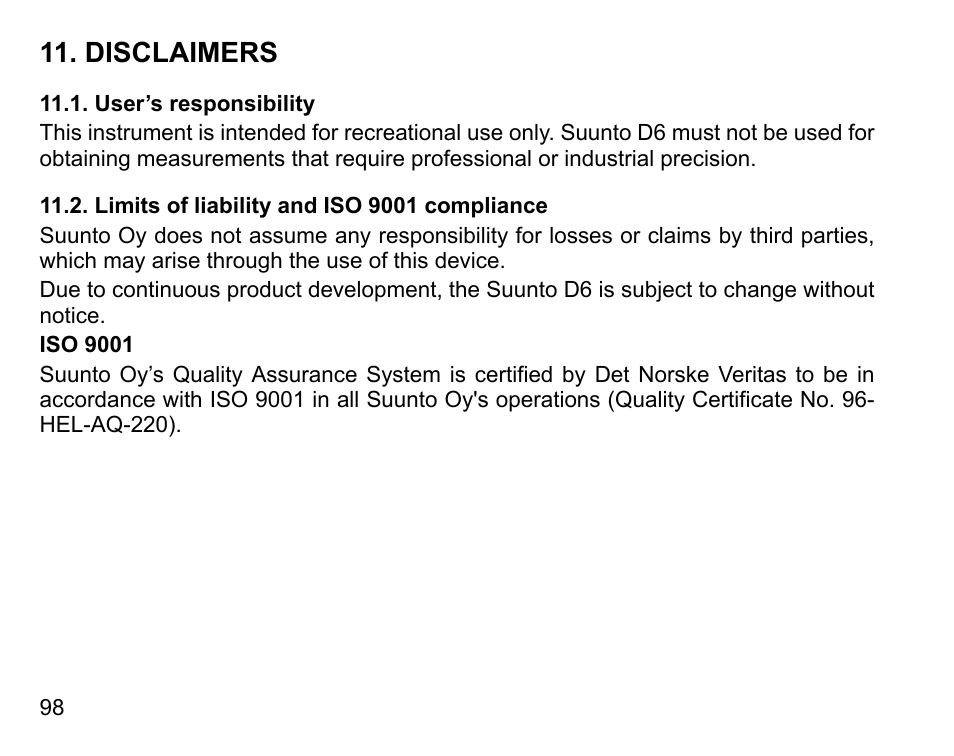 Disclaimers, User’s responsibility, Limits of liability and iso 9001 compliance | SUUNTO D6 User Manual | Page 98 / 110