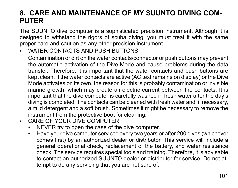 Care and maintenance of my suunto diving computer | SUUNTO D6I User Manual | Page 100 / 130