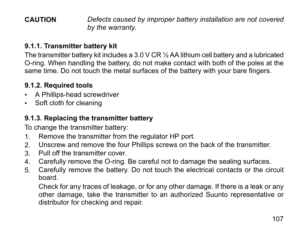 Transmitter battery kit, Required tools, Replacing the transmitter battery | 107 9.1.2. required tools, 107 9.1.3. replacing the transmitter battery | SUUNTO D6I User Manual | Page 106 / 130