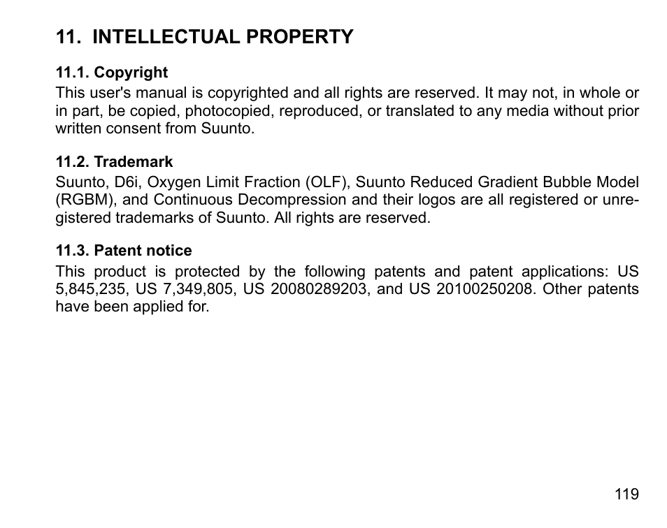 Intellectual property, Copyright, Trademark | Patent notice, 119 11.2. trademark, 119 11.3. patent notice | SUUNTO D6I User Manual | Page 118 / 130