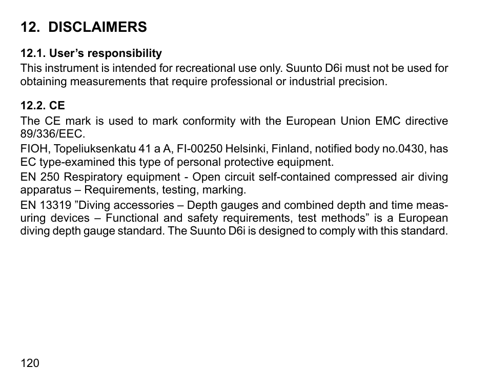 Disclaimers, User’s responsibility, 120 12.2. ce | SUUNTO D6I User Manual | Page 119 / 130