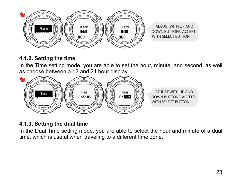 Setting the time, Setting the dual time, 23 4.1.3. setting the dual time | SUUNTO D6I User Manual | Page 22 / 130