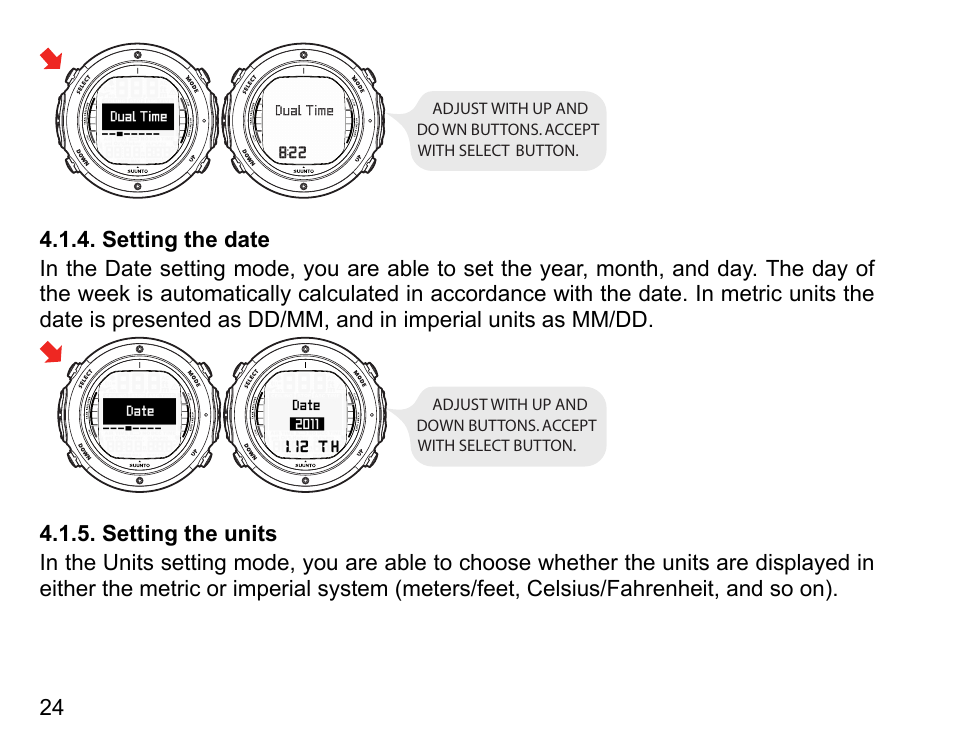 Setting the date, Setting the units, 24 4.1.5. setting the units | SUUNTO D6I User Manual | Page 23 / 130