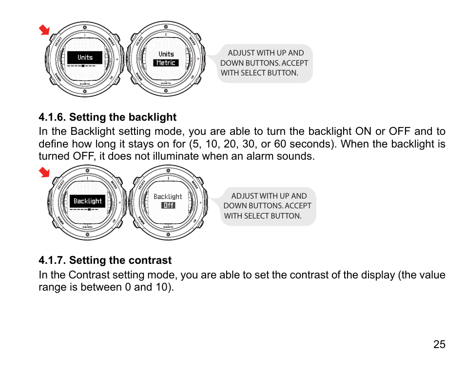 Setting the backlight, Setting the contrast, 25 4.1.7. setting the contrast | SUUNTO D6I User Manual | Page 24 / 130