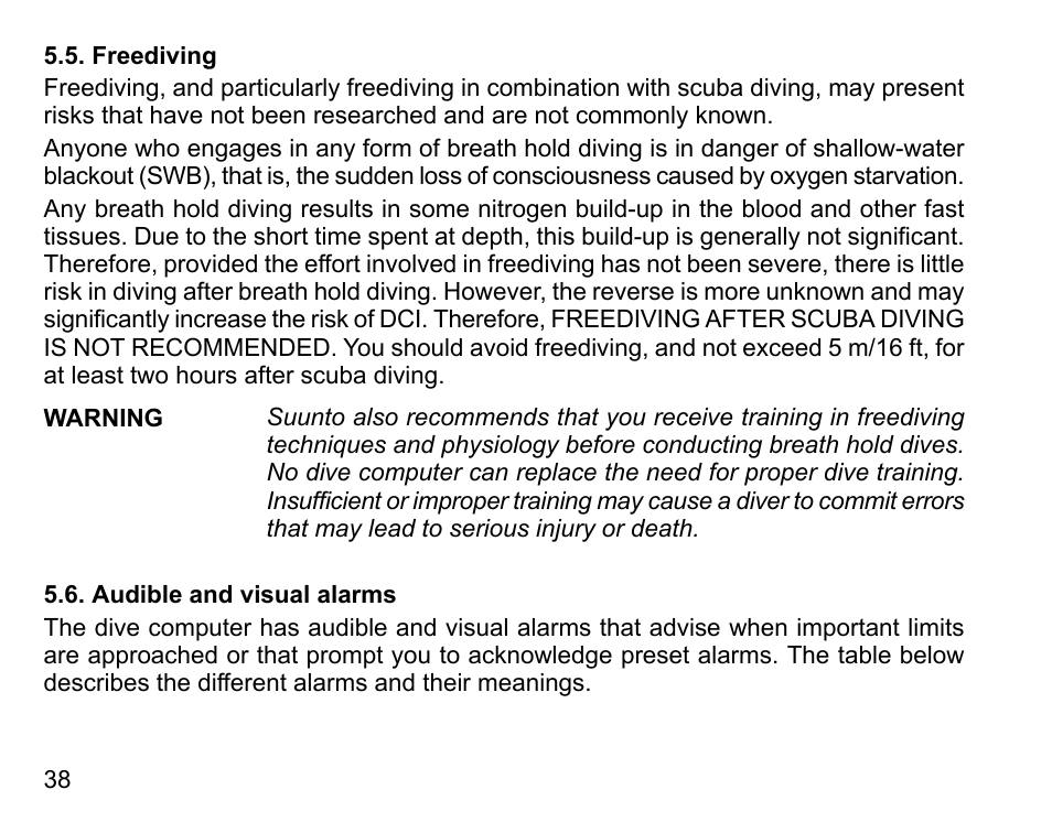 Freediving, Audible and visual alarms, 38 5.6. audible and visual alarms | SUUNTO D6I User Manual | Page 37 / 130