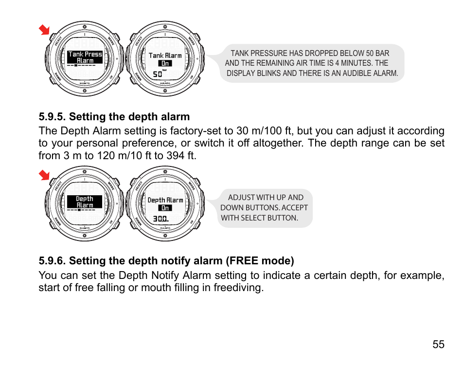 Setting the depth alarm, Setting the depth notify alarm (free mode) | SUUNTO D6I User Manual | Page 54 / 130