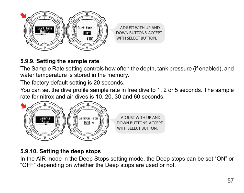 Setting the sample rate, Setting the deep stops, 57 5.9.10. setting the deep stops | SUUNTO D6I User Manual | Page 56 / 130